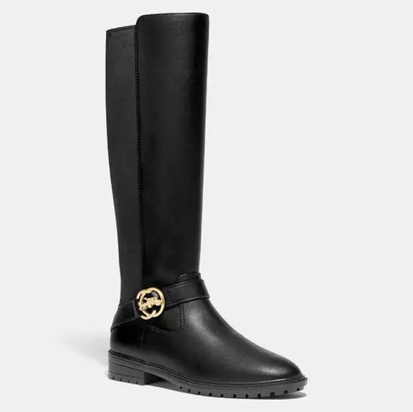 Coach NEW NIB Farrah Leather Riding Tall Black Logo Boots - Picture 1 of 5